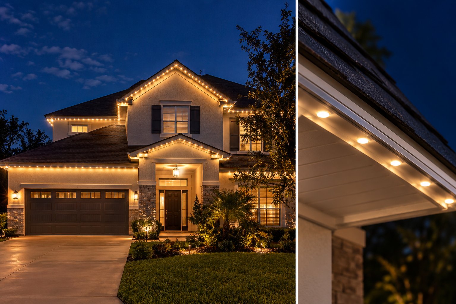 Holiday lights glowing on a home at night, installed by Install Buddies