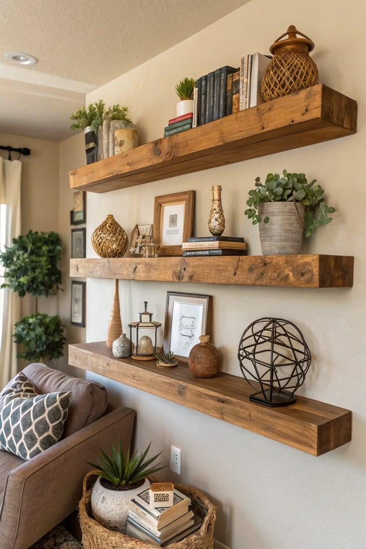 Floating shelves styled in a living room