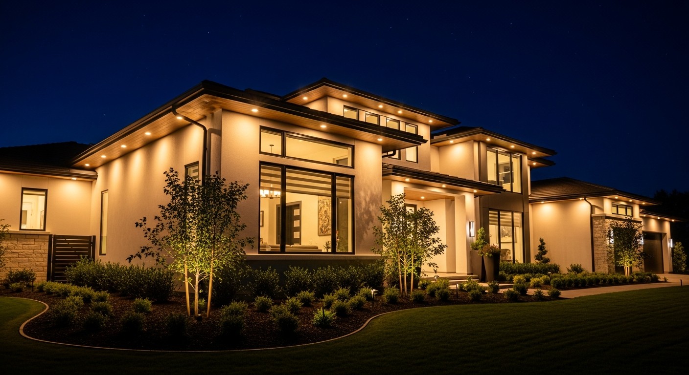 Landscape lighting glowing outside a home at night