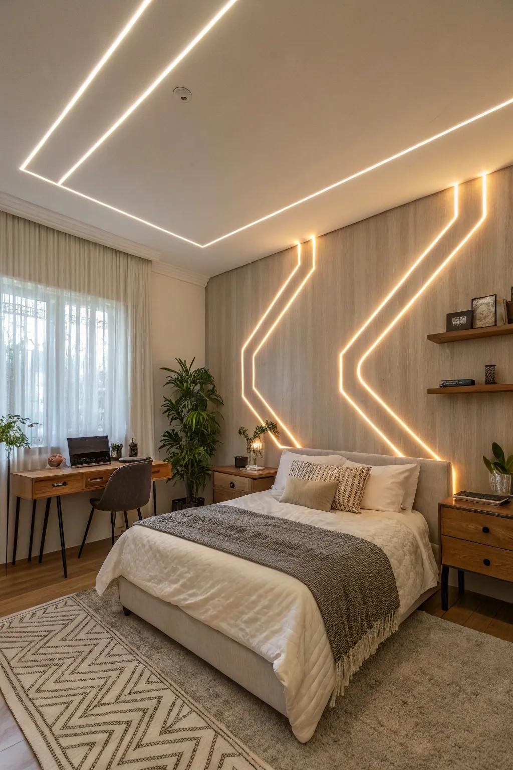LED strip accent lighting glowing in a bedroom